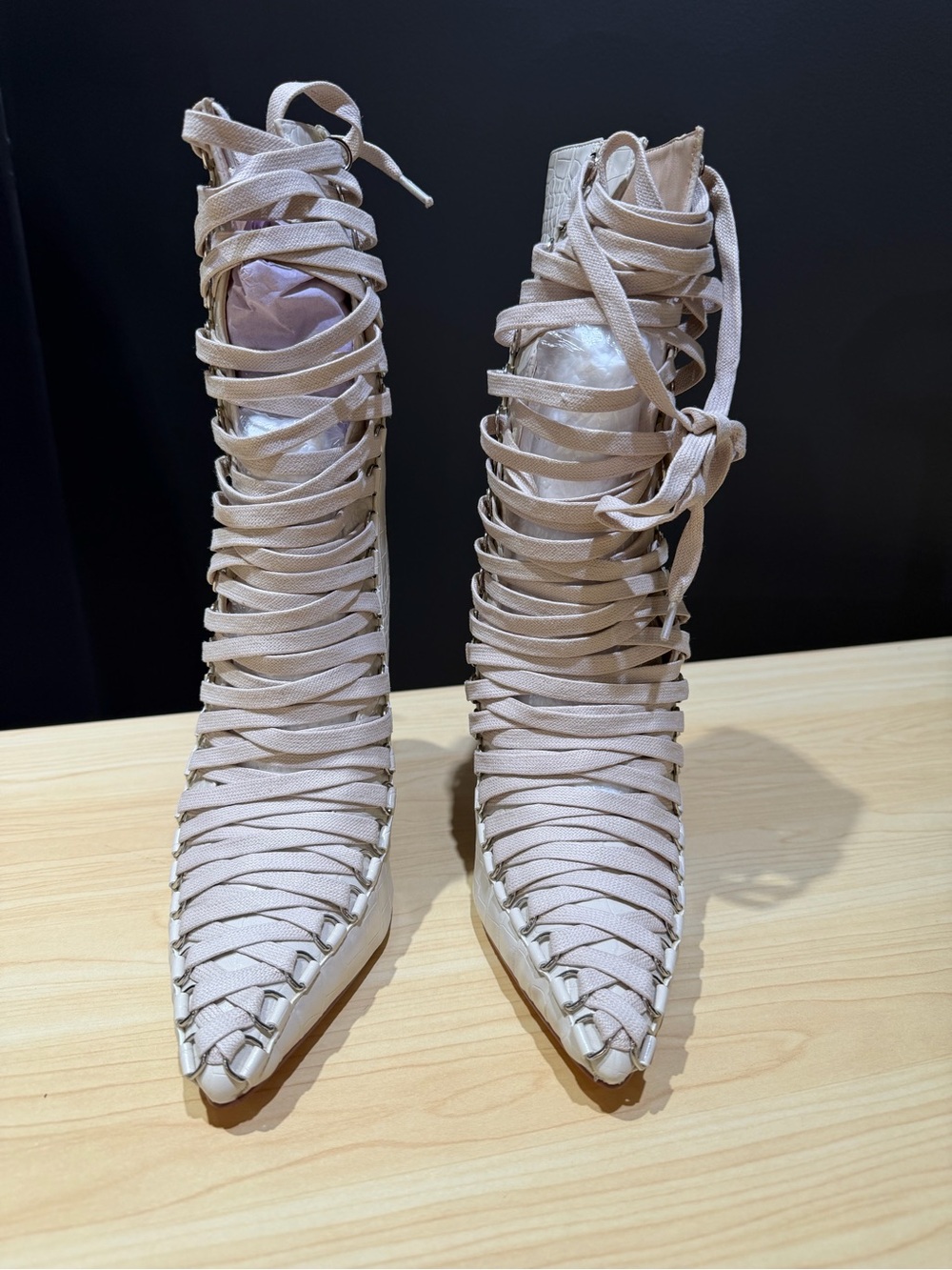 Lace-Up Pointed Toe Gladiator Heels in Light Beige (bone)